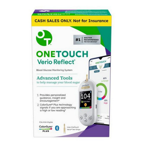 Onetouch Verio Reflect blood glucose meter from Pasteur Pharmacy, showing digital display and blood sample port.