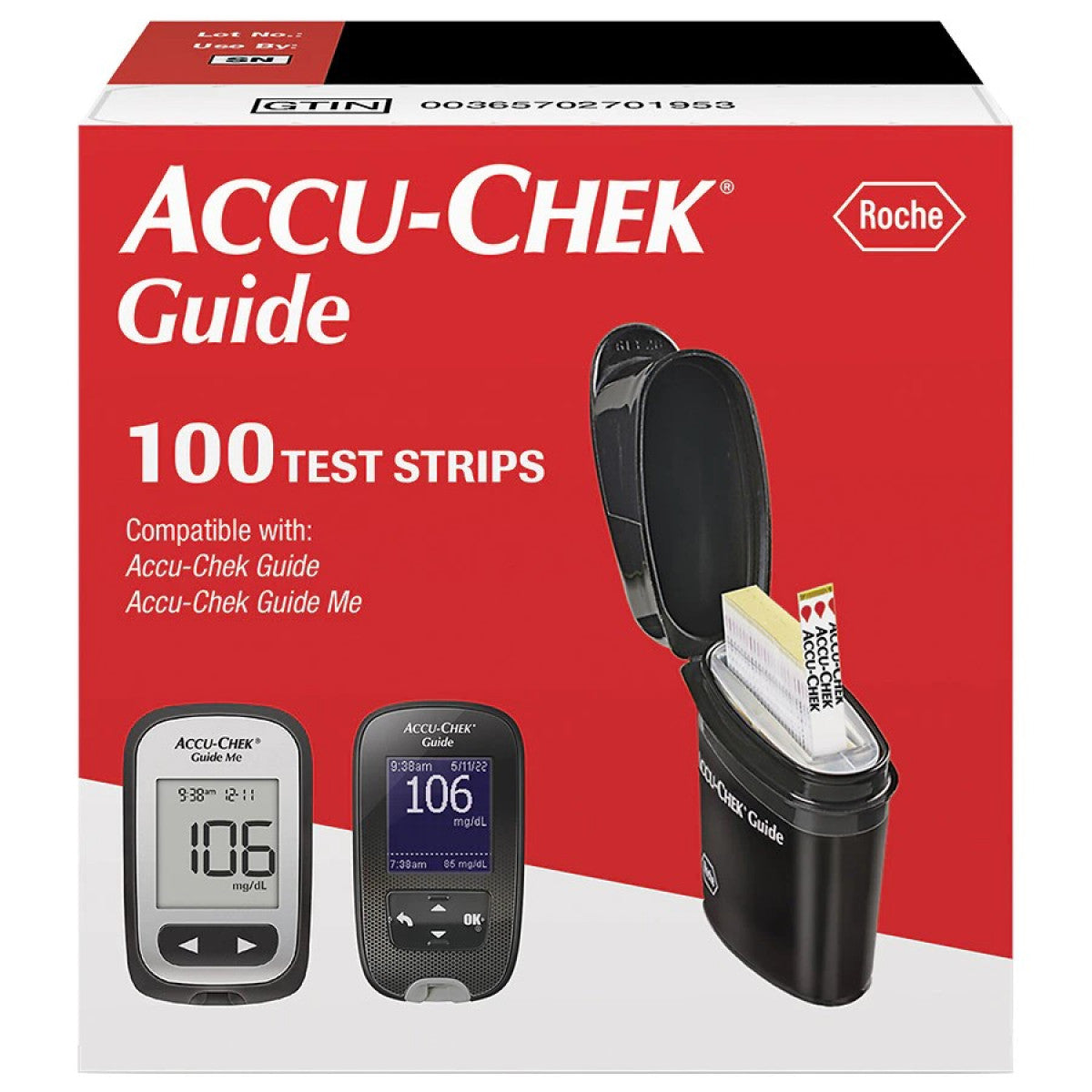 Accu-Chek Guide blood glucose test strips for diabetes testing, 100-count package from Pasteur Pharmacy.