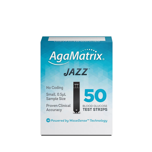 AgaMatrix Jazz Blood Glucose Test Strips in a box, 100 count, used for monitoring blood sugar levels.