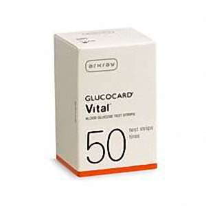 Arkray Glucocard Vital blood glucose test strips, 50-pack, used for blood sugar monitoring, with packaging and test strip details visible.