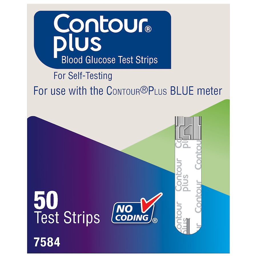 Contour Plus Blue Blood Glucose Test Strips by Pasteur Pharmacy, showing unopened test strip packaging for blood sugar monitoring.
