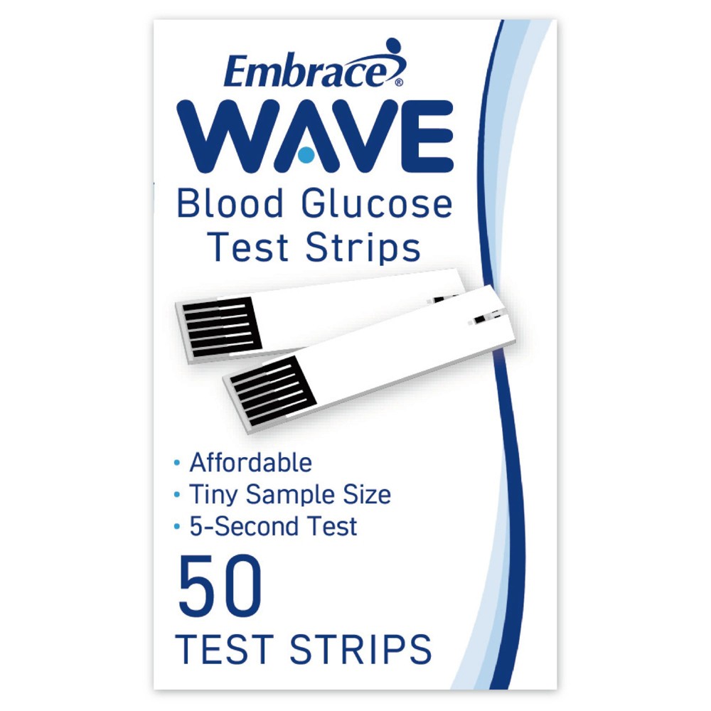 Embrace WAVE Blood Glucose Test Strips by Pasteur Pharmacy in a box of 50, designed for accurate blood sugar testing.