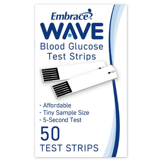 Embrace WAVE Blood Glucose Test Strips by Pasteur Pharmacy in a box of 50, designed for accurate blood sugar testing.
