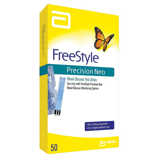 FreeStyle Precision Neo blood glucose test strips by Pasteur Pharmacy, 50-count package, with strips and testing device.