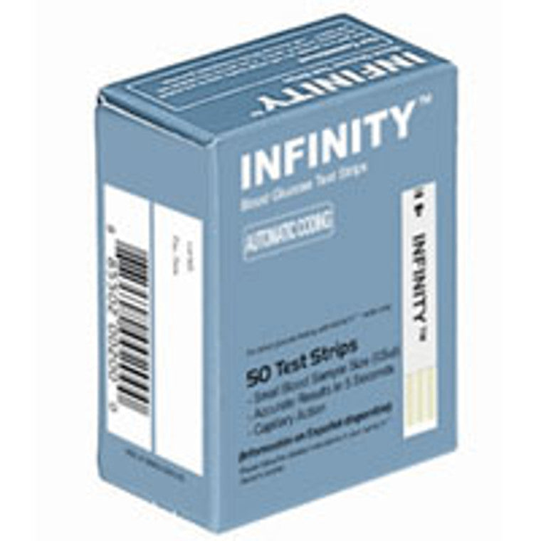 Blood glucose test strips by Pasteur Pharmacy, Infinity Test Strips, 50-pack, for blood sugar level monitoring.