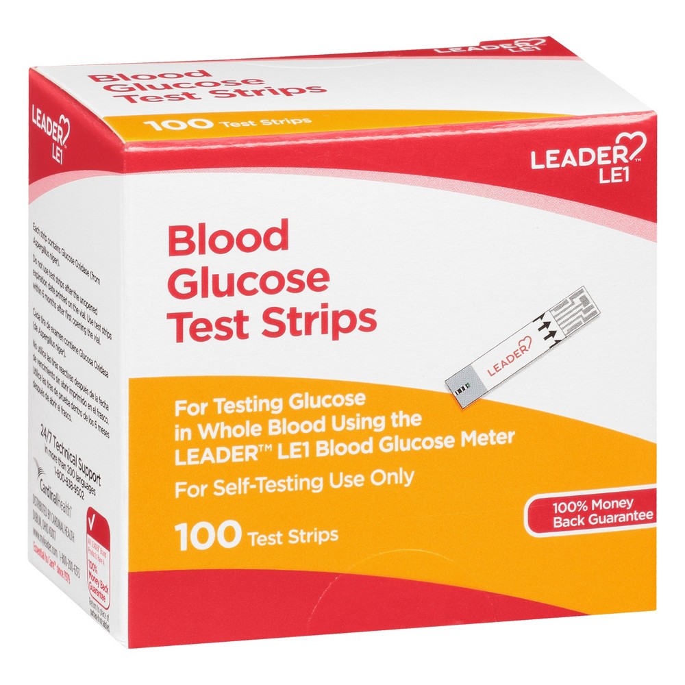 Leader Blood Glucose Test Strips by Pasteur Pharmacy, 100 count, for blood sugar monitoring, with individual strips visible in the image.