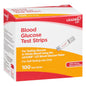 Leader Blood Glucose Test Strips by Pasteur Pharmacy, 100 count, for blood sugar monitoring, with individual strips visible in the image.