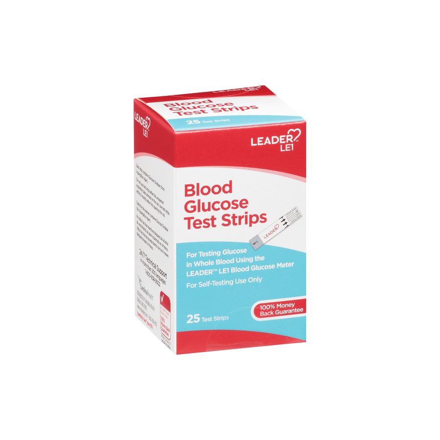 Pasteur Pharmacy Leader Blood Glucose Test Strips 25 count, small plastic packaging with test strip container for blood sugar testing.