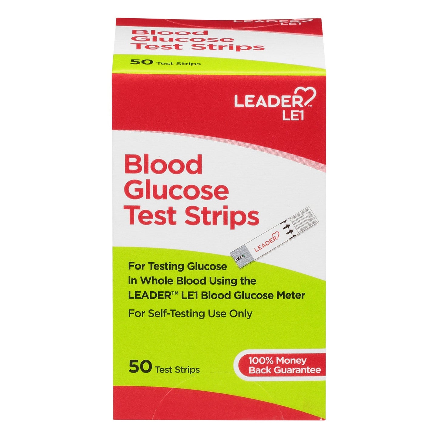 Leader Blood Glucose Test Strips by Pasteur Pharmacy, shown in packaging for blood sugar testing.