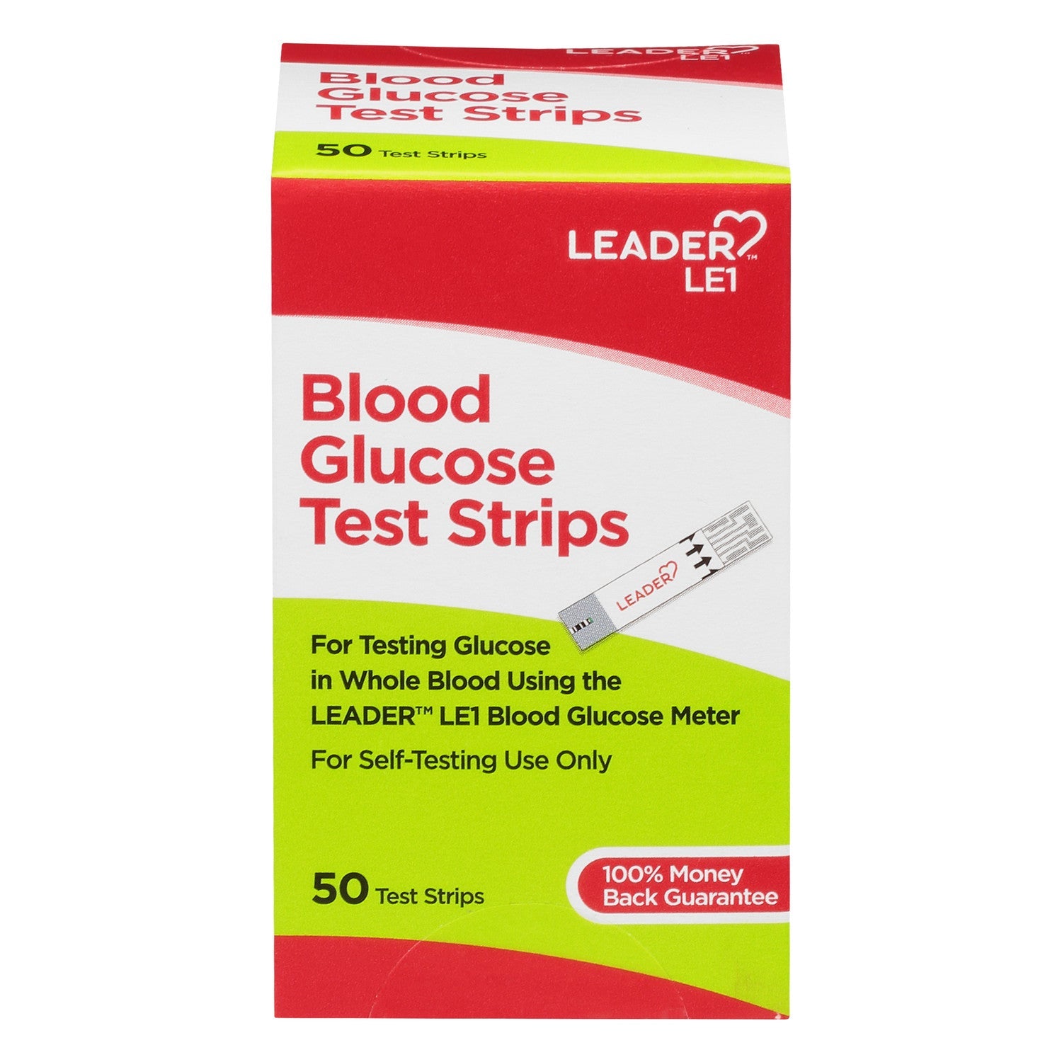 Leader Blood Glucose Test Strips by Pasteur Pharmacy, shown in packaging for blood sugar testing.