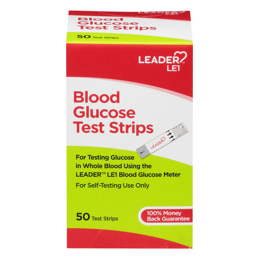 Leader Blood Glucose Test Strips by Pasteur Pharmacy, shown in packaging for blood sugar testing.