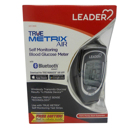 Blood glucose test strips for Leader Health Care True Metrix Air Bluetooth glucose meter, used for self-monitoring blood sugar levels.