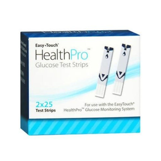 Pasteur Pharmacy Easy Touch Health Pro blood glucose test strips, 2 x 25, for blood sugar monitoring, shown in package.