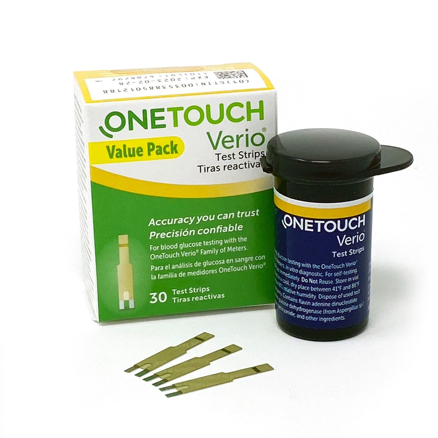 OneTouch Verio blood glucose test strips for diabetes testing, shown in packaging with strips ready for use.