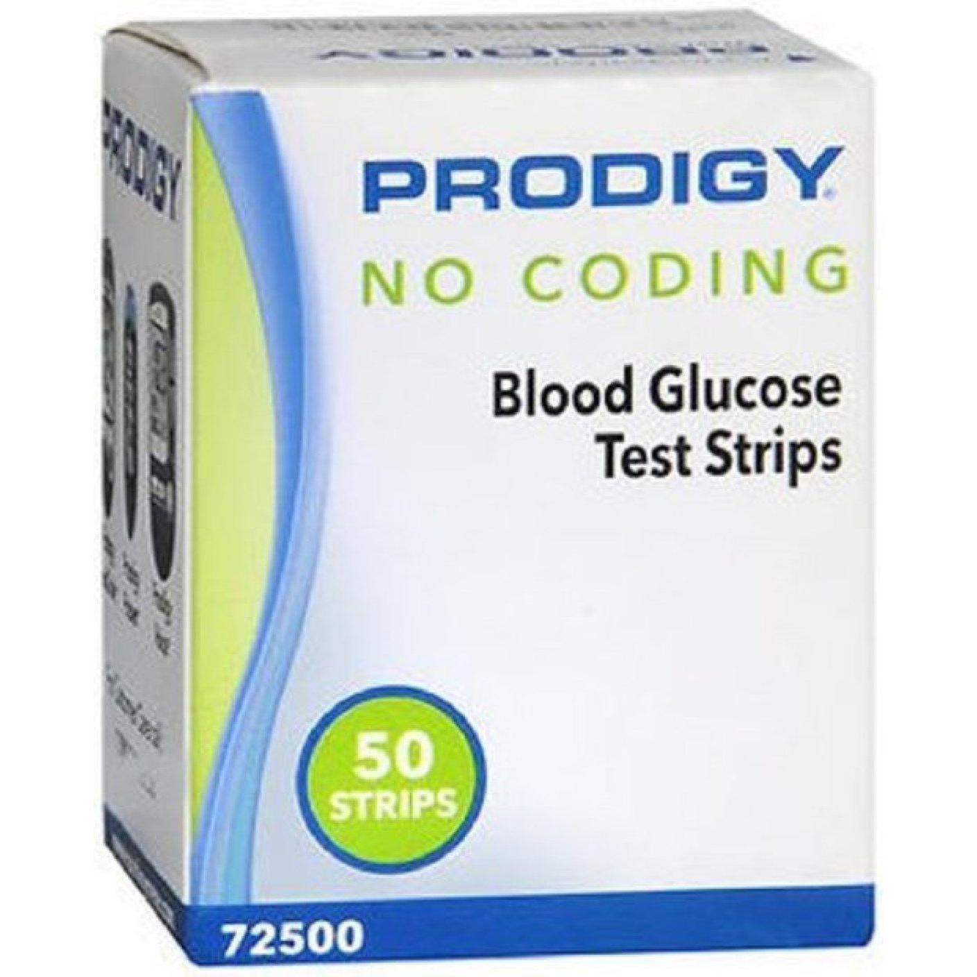 Prodigy No Coding Blood Glucose Test Strips by Pasteur Pharmacy for accurate blood sugar monitoring, shown in a box.