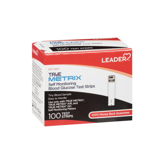 True Metrix Leader blood glucose test strips for accurate blood sugar monitoring, by Pasteur Pharmacy.