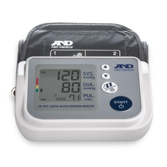 A&D Medical blood pressure monitor with wide cuff, digital display, and cuff attached, used for accurate blood pressure readings.