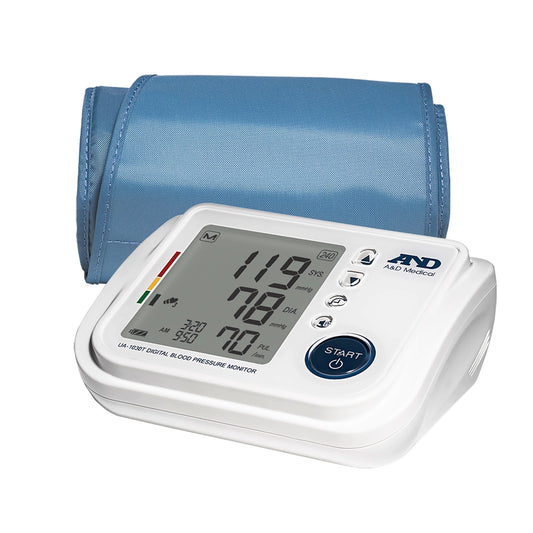 A&D Medical Talking Blood Pressure Monitor UA-1030T, medium size, digital device with display and cuff for accurate blood pressure readings.
