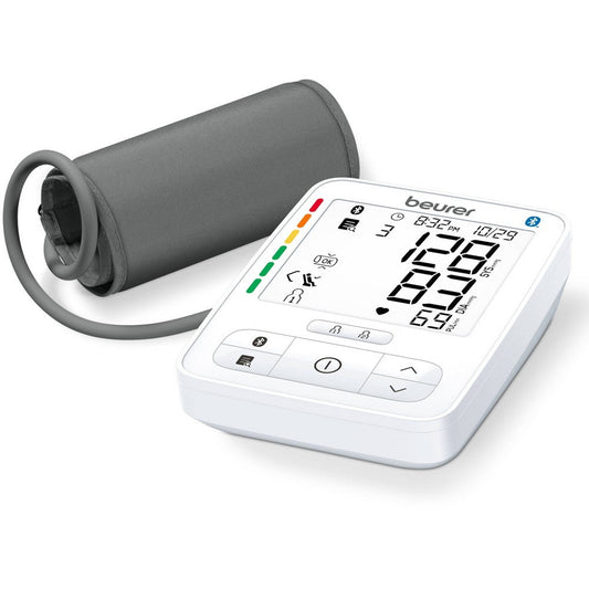 Beurer BM82 upper arm blood pressure monitor with cuff, digital display, and control buttons for accurate readings.