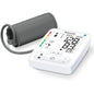 Beurer BM82 upper arm blood pressure monitor with cuff, digital display, and control buttons for accurate readings.