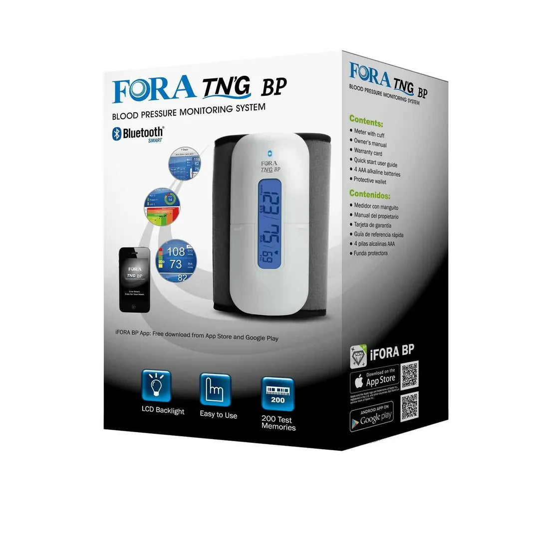Wireless blood pressure monitor from FORA Test N' Go by Pasteur Pharmacy, showing the compact device with cuff and digital display.