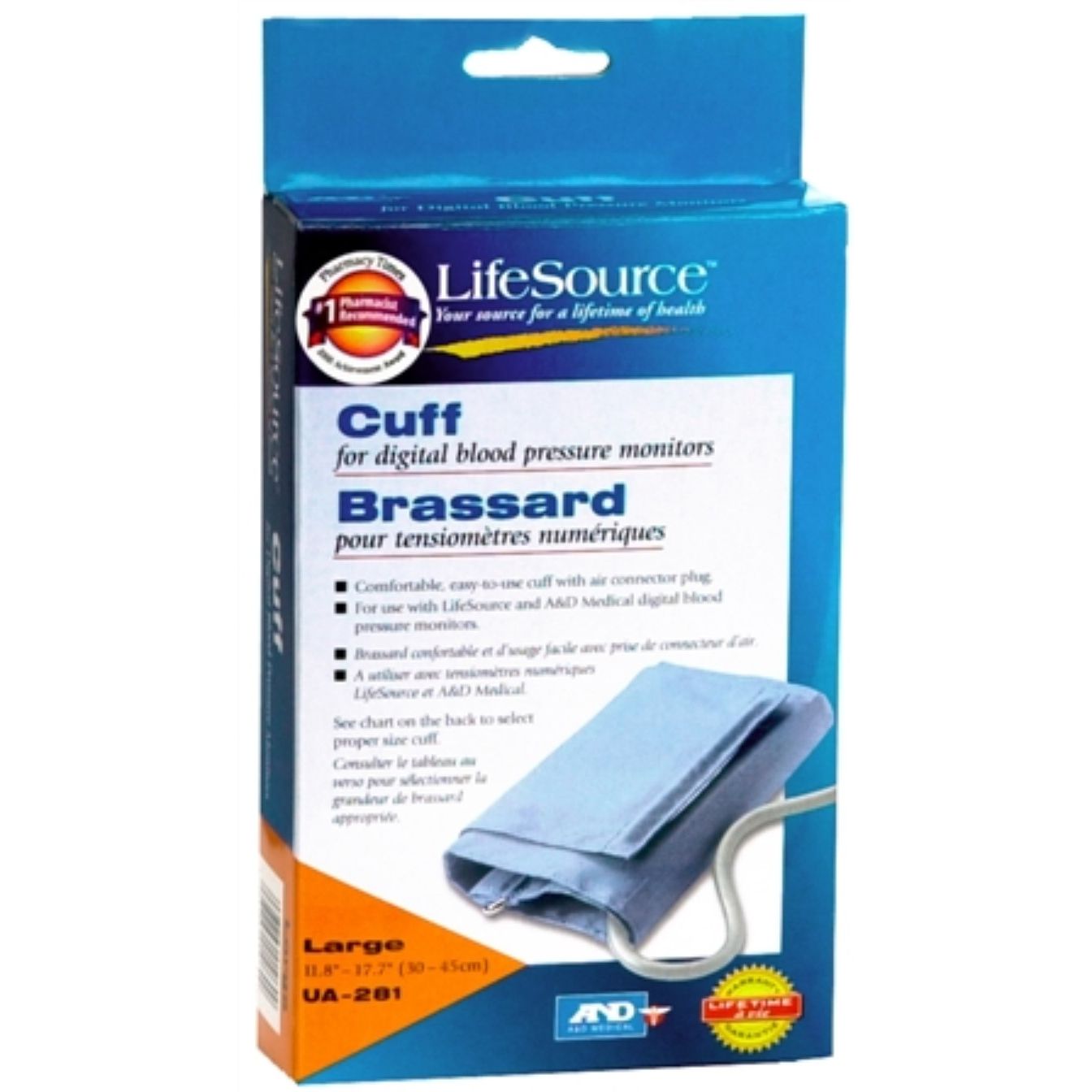 LifeSource digital blood pressure cuff in large size, displayed on a blood pressure monitor from Pasteur Pharmacy.