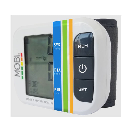 Mobi 70167 Health Wrist Blood Pressure Monitor by Pasteur Pharmacy showing the digital display on a wrist cuff.