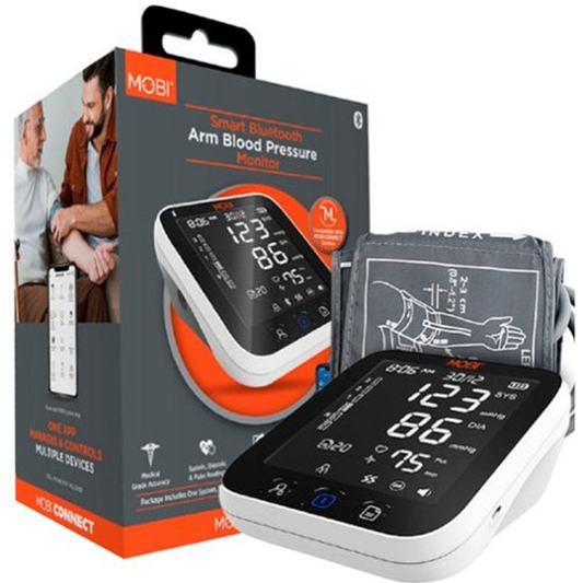 MOBI Connect Smart Bluetooth Arm Blood Pressure Monitor showing digital display with cuff and Bluetooth connectivity.