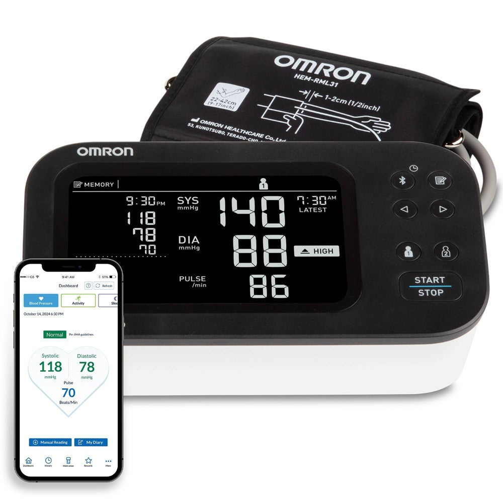 Omron 10 Series wireless upper arm blood pressure monitor with multi-user capability, shown with cuff and digital display.