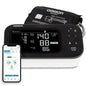 Omron 10 Series wireless upper arm blood pressure monitor with multi-user capability, shown with cuff and digital display.