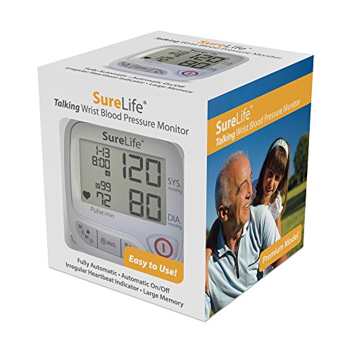 SureLife Premium Talking Wrist Blood Pressure Monitor from Pasteur Pharmacy showing digital display and adjustable cuff.