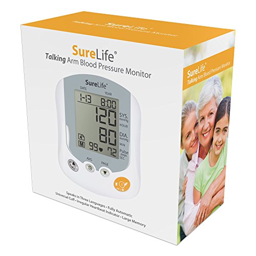 SureLife talking blood pressure monitor with universal cuff, digital display and voice prompts for accurate readings.