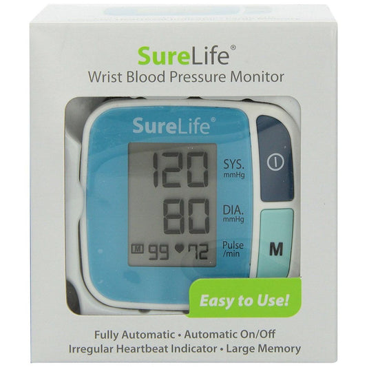 SureLife wrist blood pressure monitor from Pasteur Pharmacy displaying digital screen with blood pressure readings.