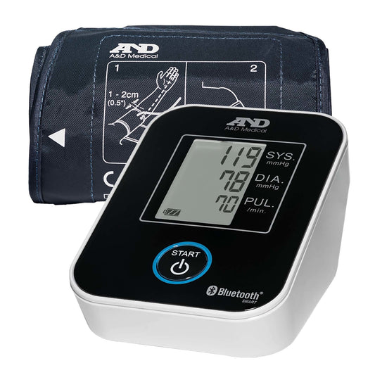 A&D Medical Automatic Deluxe Blood Pressure Monitor with Bluetooth, showing the device with cuff and digital display.