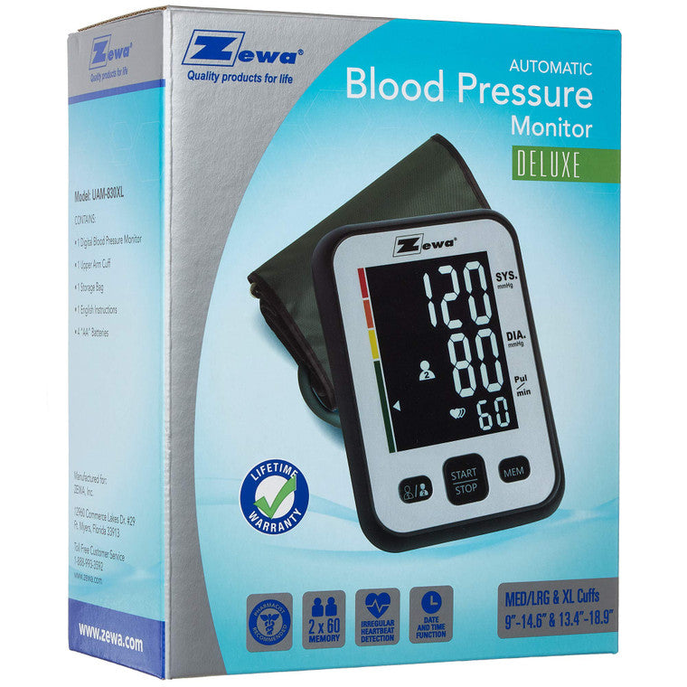 Zewa Deluxe Automatic Blood Pressure Monitor with Extra Large Cuff by Pasteur Pharmacy, showing digital display and cuff in use.