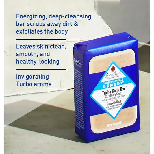 Jack Black Turbo Body Bar Scrubbing Soap by Pasteur Pharmacy, 6oz, showing the soap bar with textured surface for exfoliation.