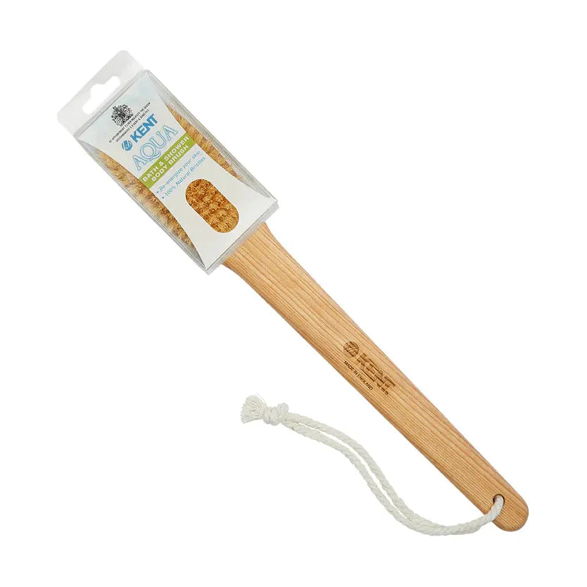 Kent Aqua Pure Bristle Bath & Shower Body Brush by Pasteur Pharmacy, natural wooden handle with soft bristles for gentle cleansing.
