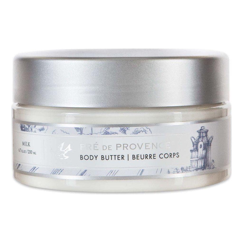Pasteur Pharmacy Pre De Provence Milk Body Butter in a 6.7 oz jar, creamy and moisturizing body butter with a smooth texture.