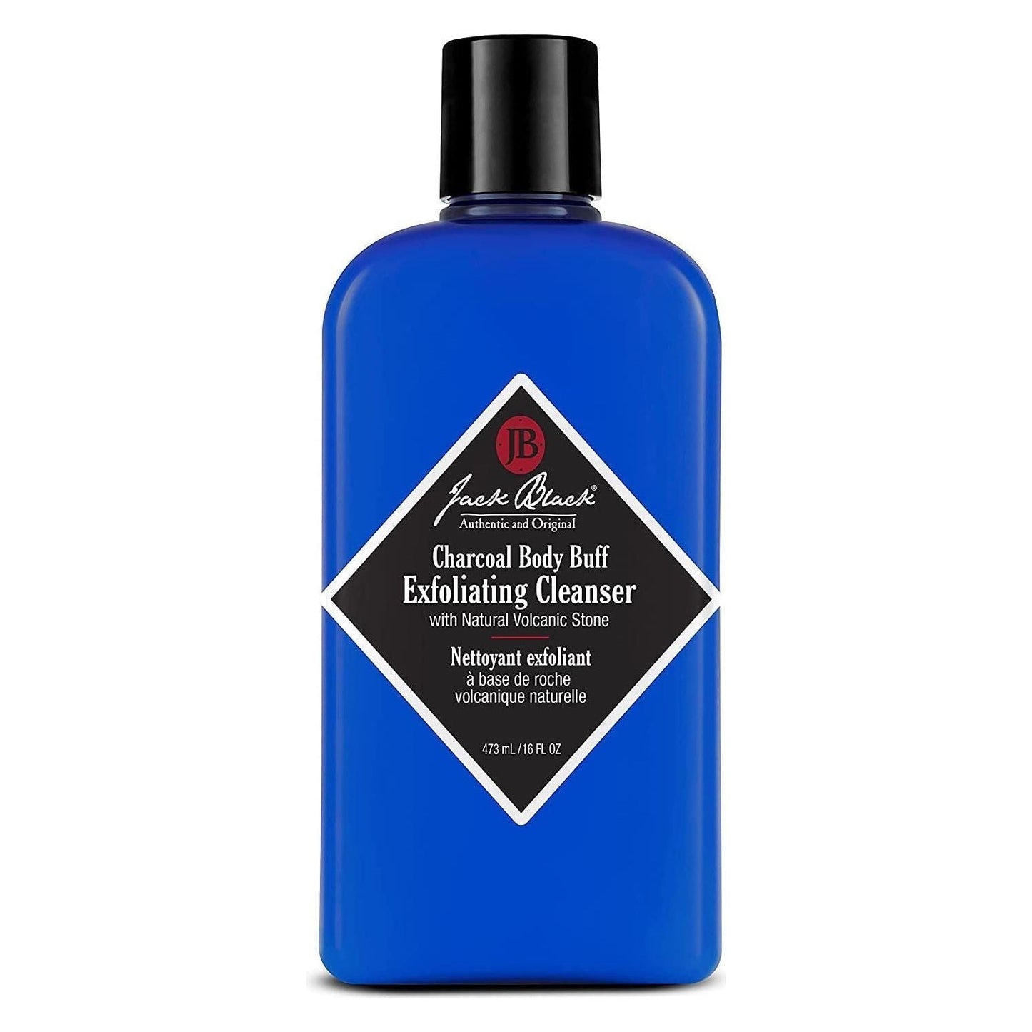 Jack Black Charcoal Body Buff exfoliating cleanser in 16 oz bottle, designed for deep cleansing and skin renewal.
