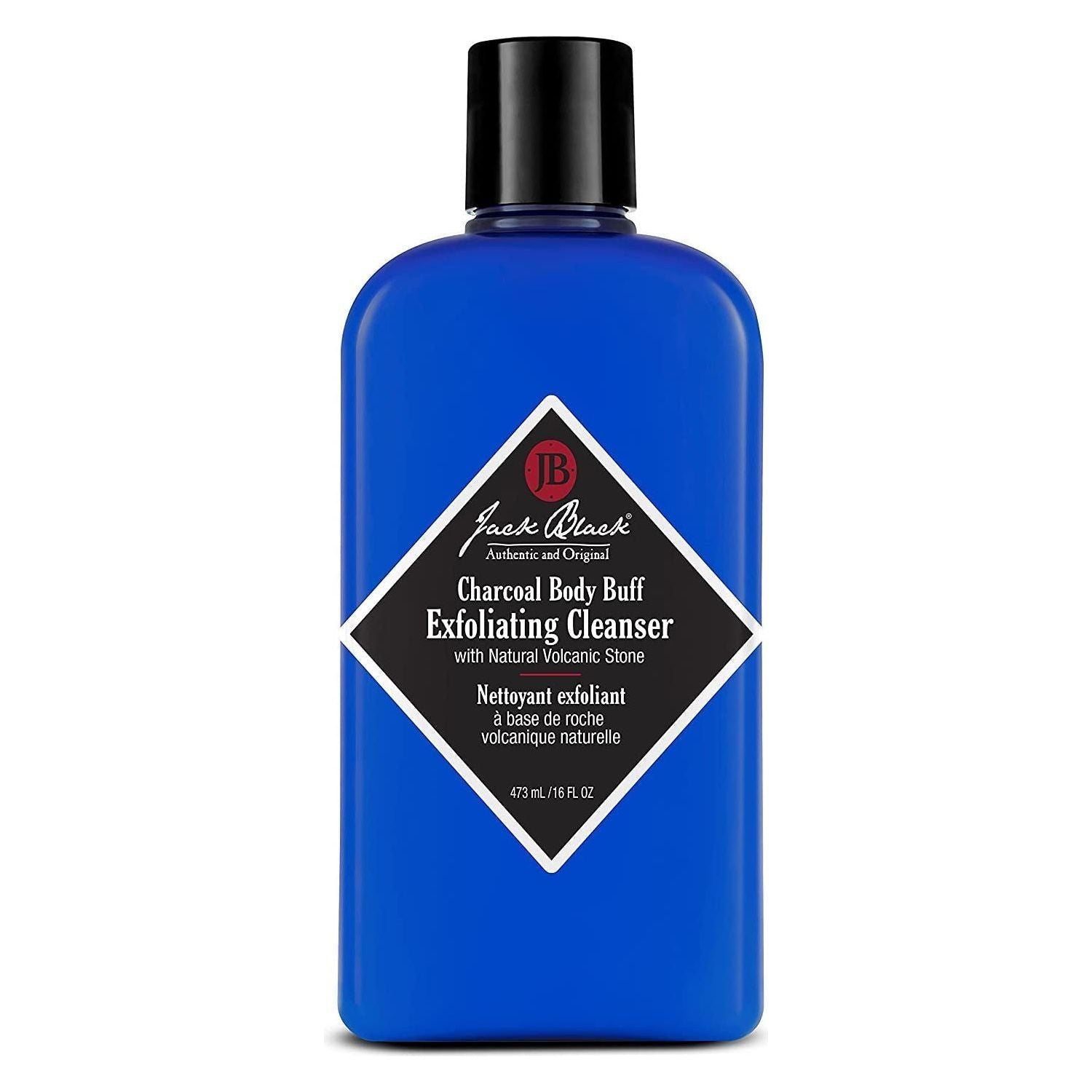 Jack Black Charcoal Body Buff exfoliating cleanser in 16 oz bottle, designed for deep cleansing and skin renewal.