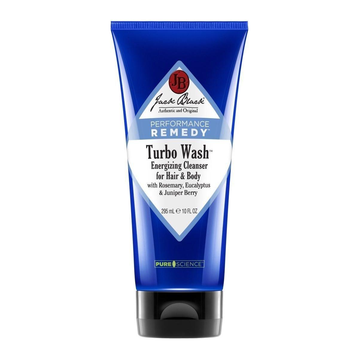 Jack Black Turbo Wash energizing hair and body cleanser in 10oz bottle, with pump dispenser and sleek black packaging.