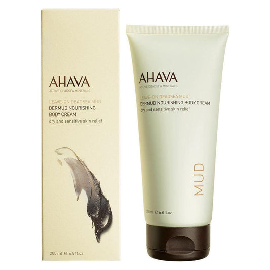 Ahava Dead Sea Mud Dermud Nourishing Body Cream in 6.8 oz jar, moisturizing and revitalizing skin with natural ingredients.