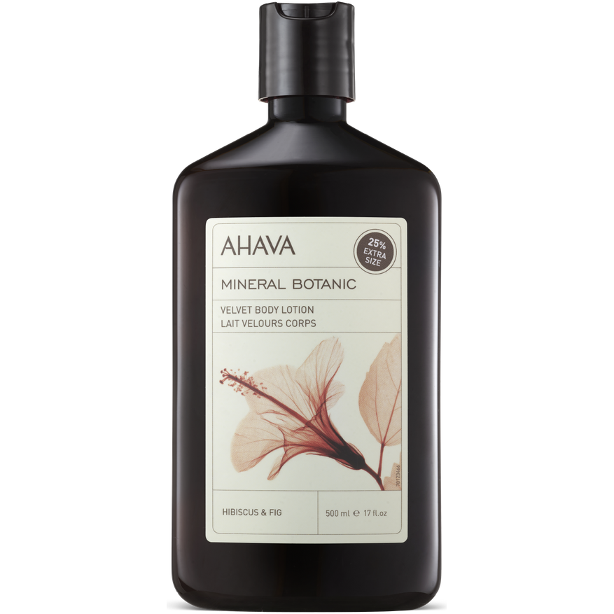 Ahava Hibiscus & Fig Mineral Botanic Velvet Body Lotion in 13.5 oz bottle, featuring floral and fruity botanical ingredients.