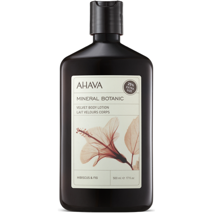 Ahava Hibiscus & Fig Mineral Botanic Velvet Body Lotion in 13.5 oz bottle, featuring floral and fruity botanical ingredients.