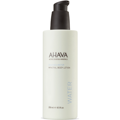 Ahava Mineral Body Lotion in 8.5 oz bottle, moisturizing body lotion from Pasteur Pharmacy with mineral-rich ingredients.