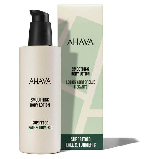 Ahava Superfood Kale & Turmeric Body Lotion in a 8.5 oz bottle, moisturizing and nourishing skin with natural ingredients.