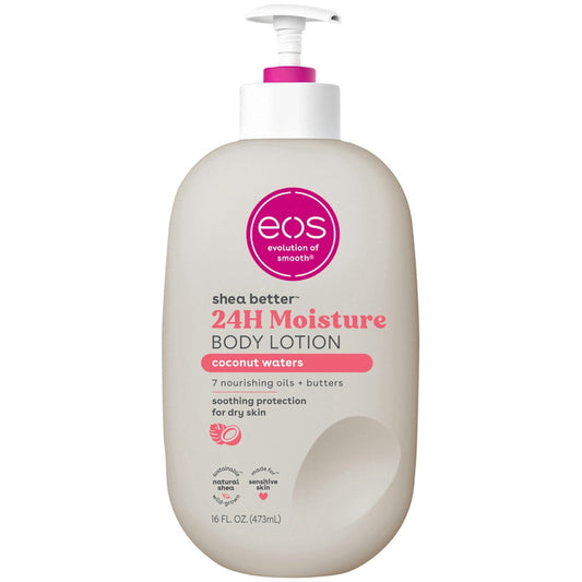 EOS Shea Better Moisture Body Lotion with Coconut Waters, 16 Fl Oz, featuring creamy lotion in a pump bottle.