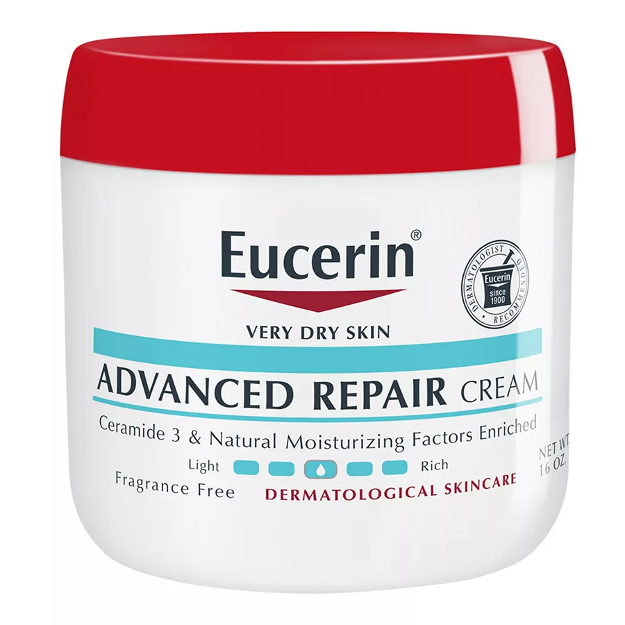 Eucerin Advanced Repair Cream fragrance-free body lotion for very dry skin in a 16 oz jar, designed for full body hydration.