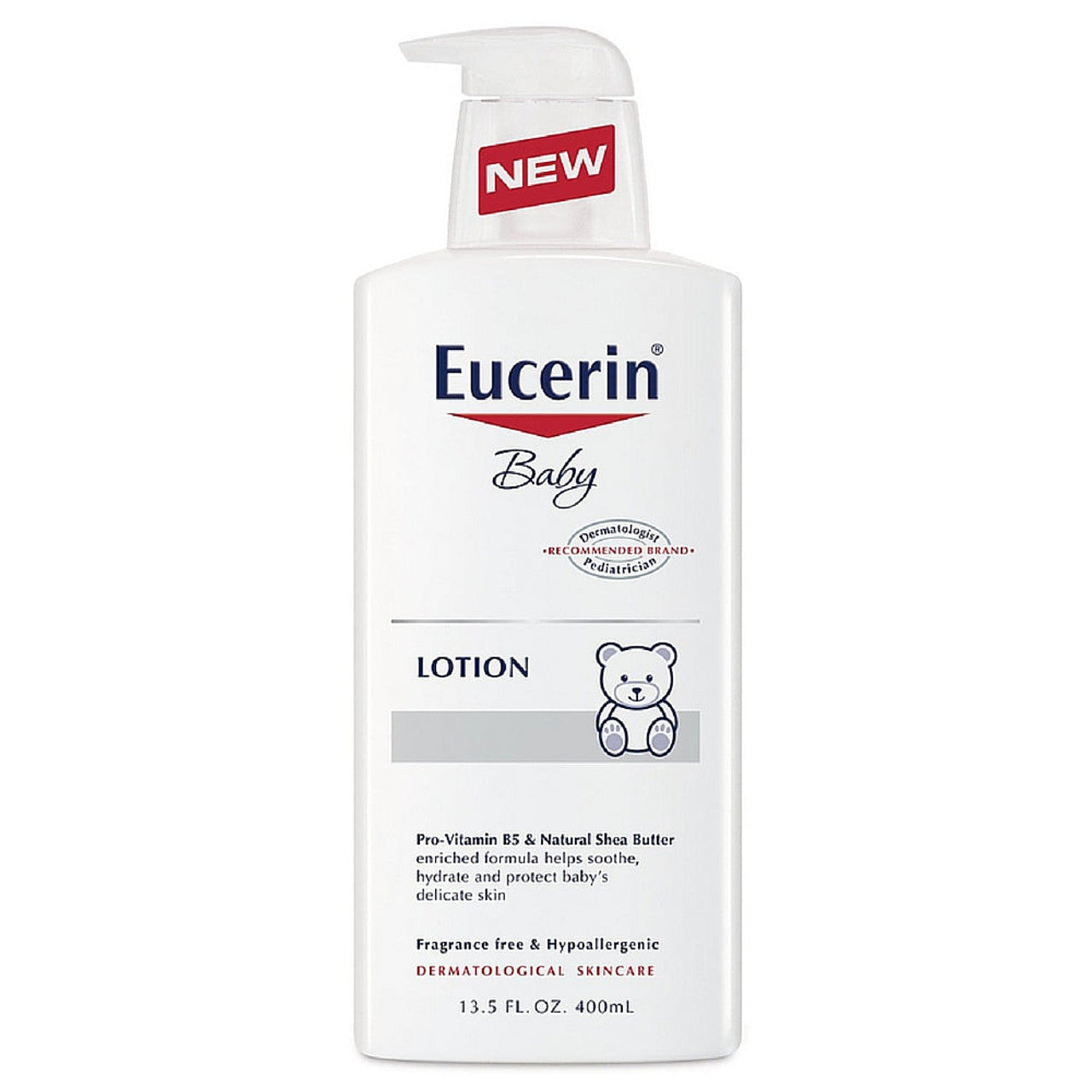 Eucerin Baby Soothing Body Lotion in a 13.5 fl oz bottle, gentle for sensitive baby skin, with a soft, soothing texture.