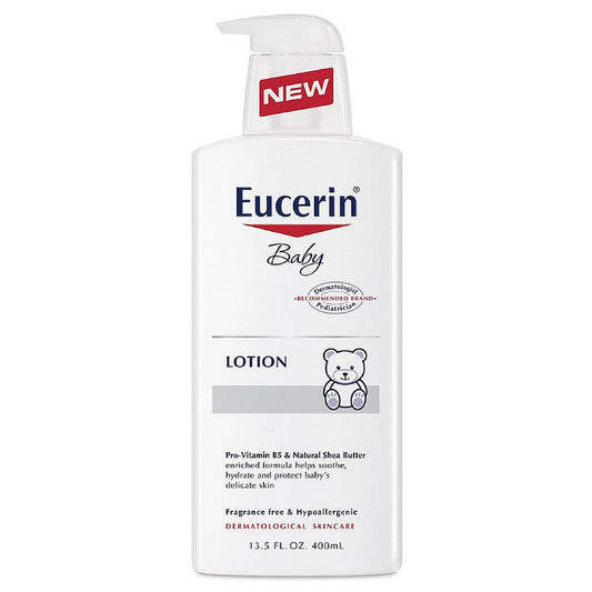 Eucerin Baby Soothing Body Lotion in a 13.5 fl oz bottle, gentle for sensitive baby skin, with a soft, soothing texture.